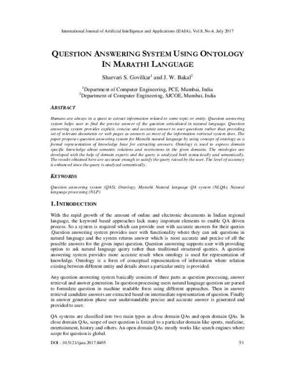 (PDF) Question Answering System Using Ontology in Marathi Language