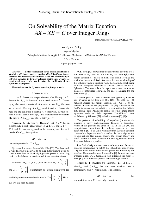 (PDF) On Solvability of the Matrix Equation AX – XB = C over Integer Rings