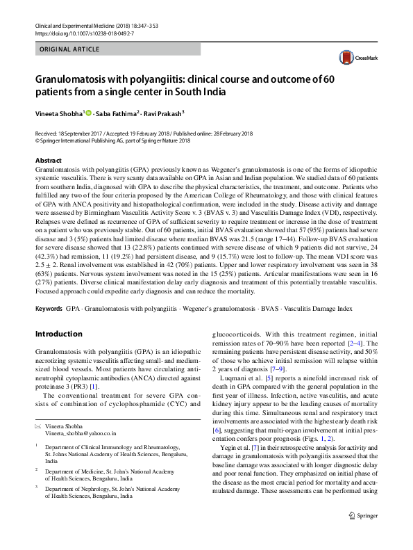 (PDF) Granulomatosis with polyangiitis: clinical course and outcome of ...