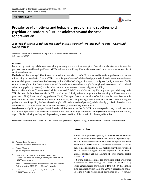(PDF) Prevalence of emotional and behavioral problems and subthreshold ...