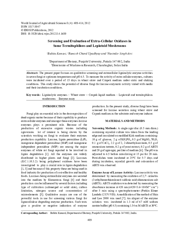 (PDF) Screening and Evaluation of Extra-Cellular Oxidases in Some ...