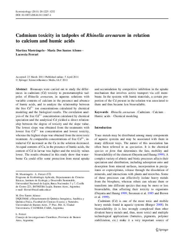 (PDF) Cadmium toxicity in tadpoles of Rhinella arenarum in relation to ...