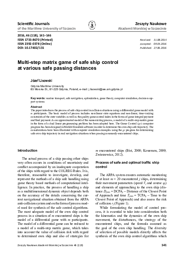 (PDF) Multi-step matrix game of safe ship control at various safe ...