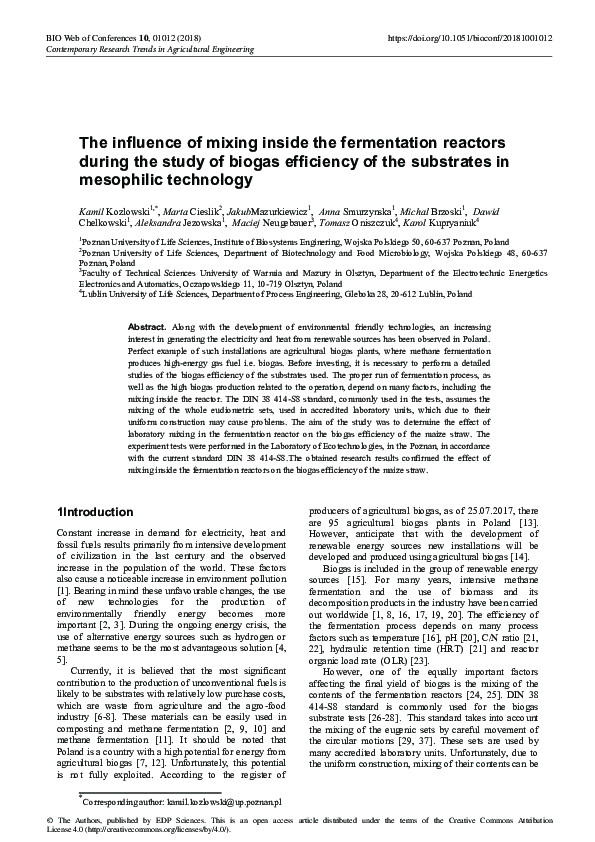 (PDF) The influence of mixing inside the fermentation reactors during ...