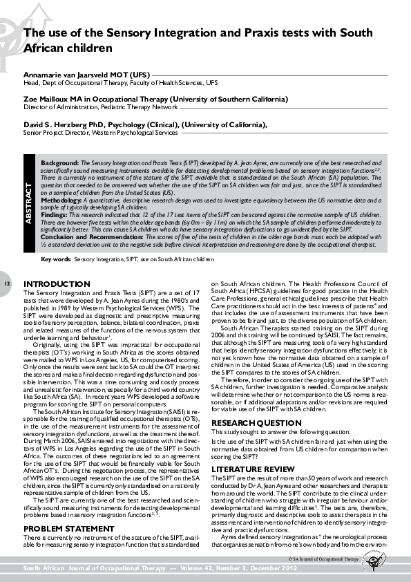 (PDF) The use of the Sensory Integration and Praxis Tests with South