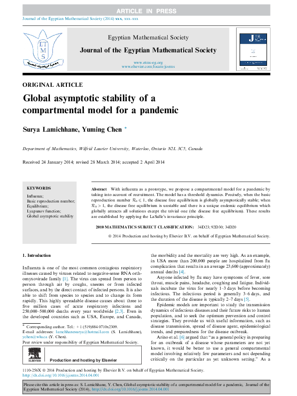 (PDF) Global asymptotic stability of a compartmental model for a pandemic