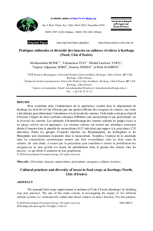 (PDF) Pratiques culturales et diversité des insectes en cultures ...