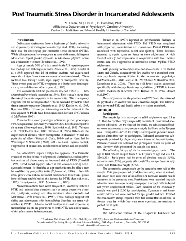 (PDF) Post traumatic stress disorder in incarcerated adolescents