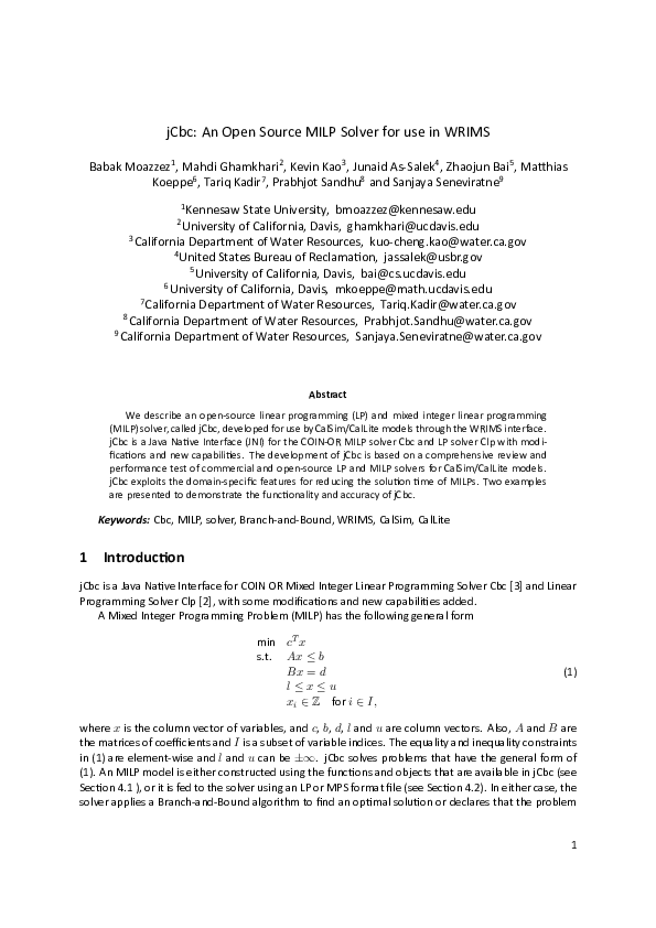(PDF) jCbc : An Open Source MILP Solver for use in WRIMS