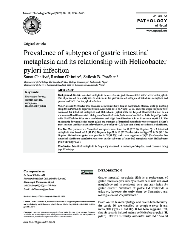(PDF) Prevalence of subtypes of gastric intestinal metaplasia and its ...