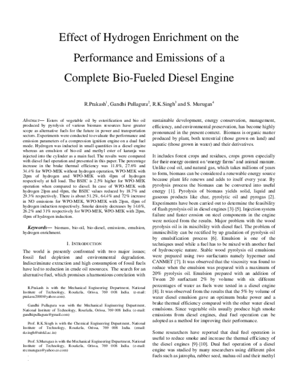 (PDF) Effect of Hydrogen Enrichment on the Performance and Emissions of ...