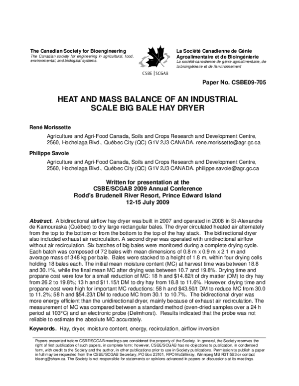 (PDF) Heat and Mass Balance of an Industrial Scale Big Bale Hay Dryer