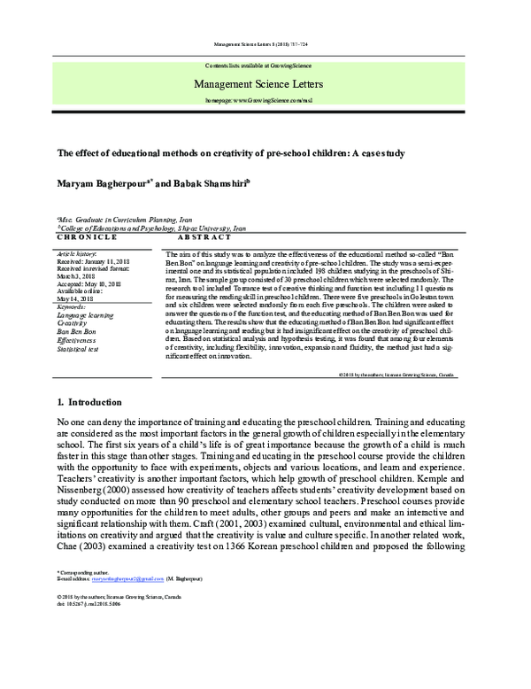 (PDF) The effect of educational methods on creativity of pre-school ...