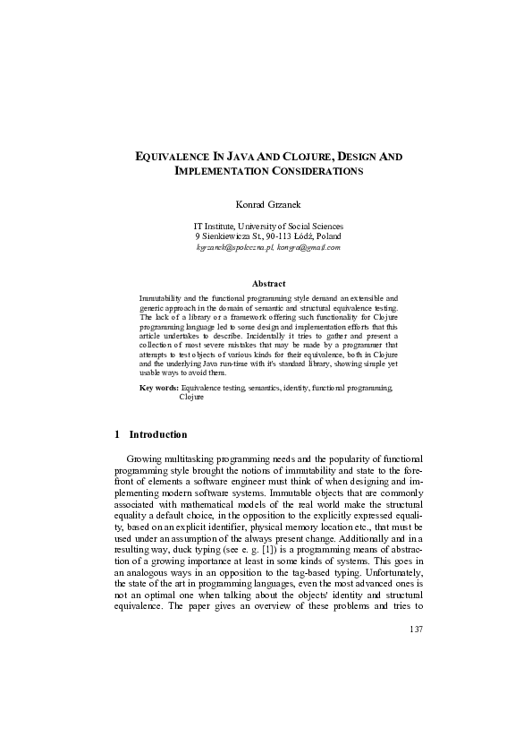 (PDF) Equivalence in Java and Clojure, Design and Implementation ...