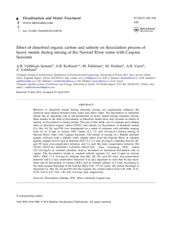 Effect of dissolved organic carbon and salinity on flocculation process of heavy metals during mixing of the Navrud River water with Caspian Seawater
