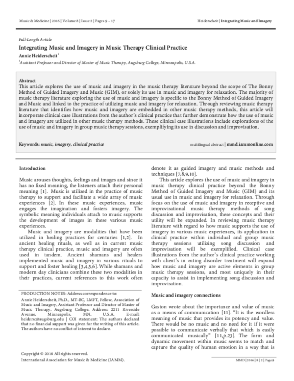 (PDF) Integrating Music and Imagery in Music Therapy Clinical Practice