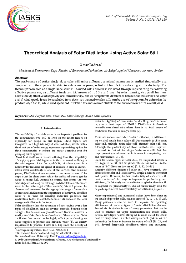 (PDF) Theoretical Analysis of Solar Distillation Using Active Solar Still