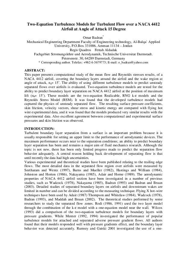 (PDF) Turbulent Flow Over a NACA 4412 Airfoil at Angle of Attack 15 Degree