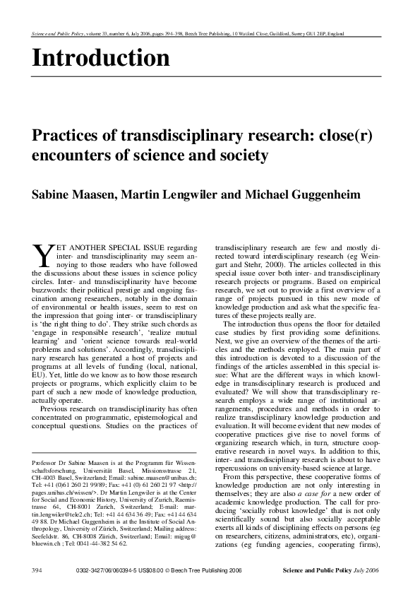 (PDF) Introduction Practices of transdisciplinary research : close ( r ...