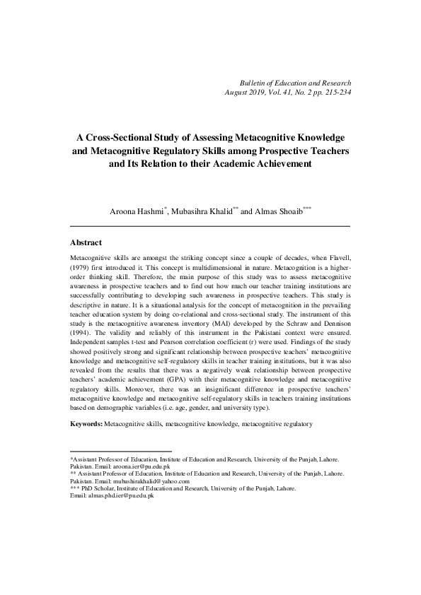 (PDF) A Cross-Sectional Study of Assessing Metacognitive Knowledge and ...
