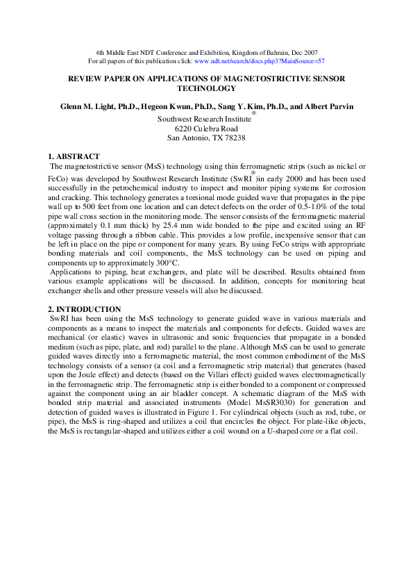 (PDF) Paper on Applications of Magnetostrictive Sensor Technology