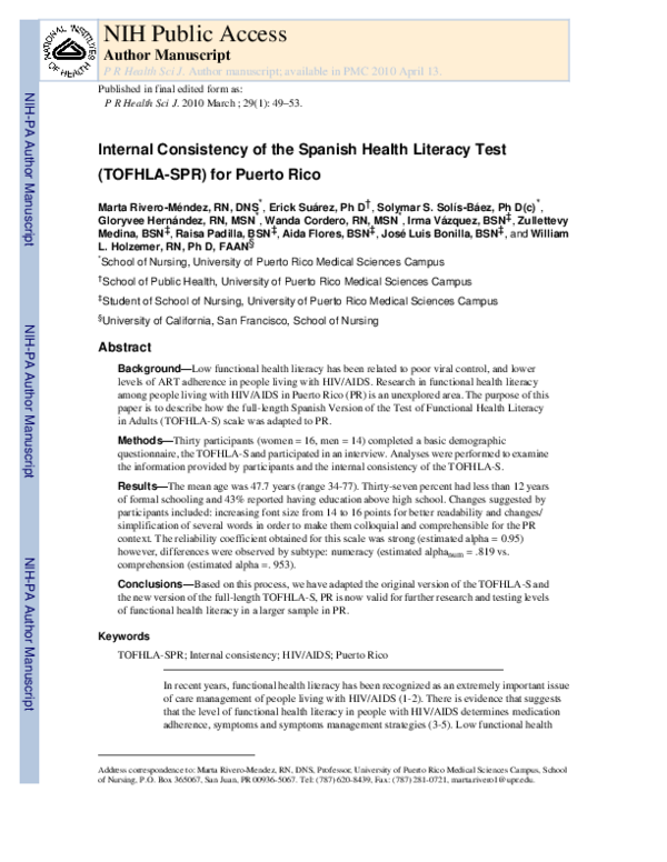 PDF Internal Consistency Of The Spanish Health Literacy Test TOFHLA PDF Internal Consistency Of The Spanish Health Literacy Test TOFHLA