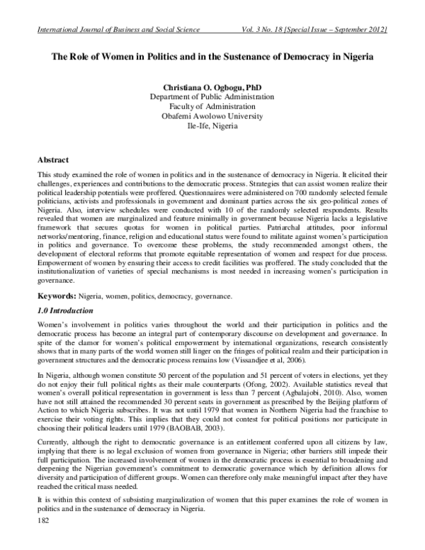 (PDF) The Role of Women in Politics and in the Sustenance of Democracy ...