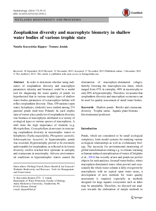 (PDF) Zooplankton diversity and macrophyte biometry in shallow water ...