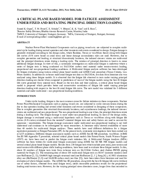 (PDF) A Critical Plane Based Model for Fatigue Assessment Under Fixed ...