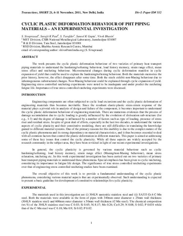 (PDF) Cyclic Plastic Deformation Behaviour of PHT Piping Materials - an ...