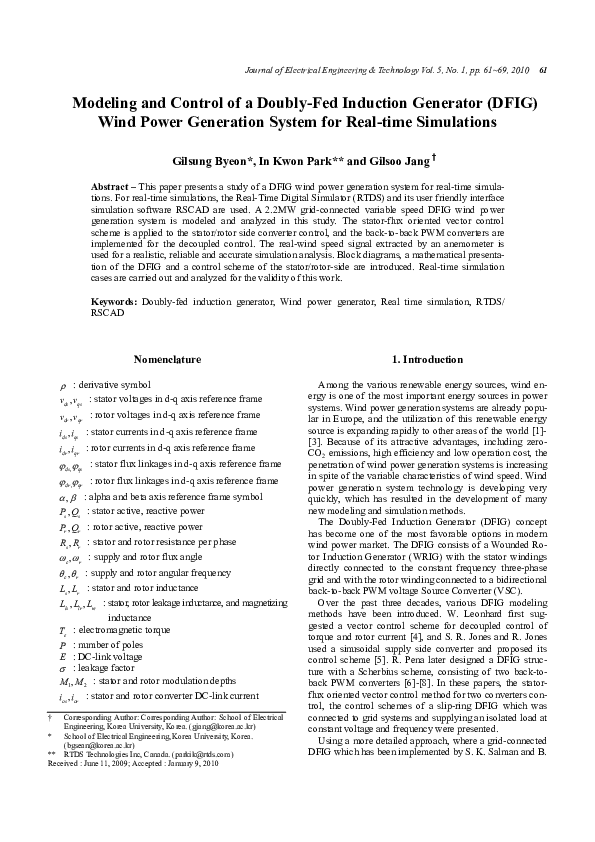 (PDF) Modeling and control of a doubly fed induction generator using ...
