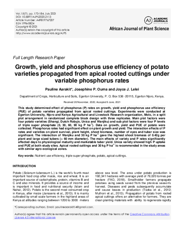 (PDF) Growth, yield and phosphorus use efficiency of potato varieties ...