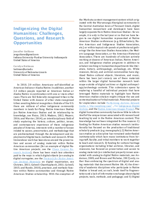 (PDF) Indigenizing the Digital Humanities: Challenges, Questions, and ...