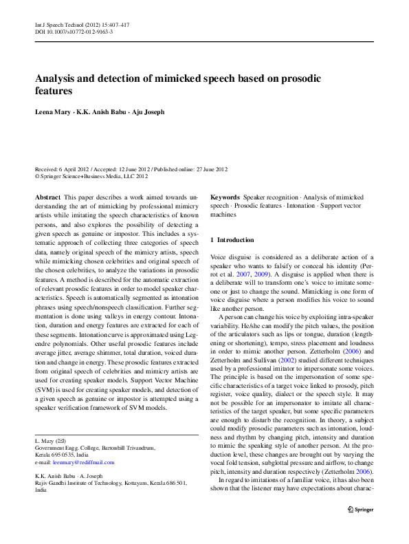 (PDF) Analysis and detection of mimicked speech based on prosodic features