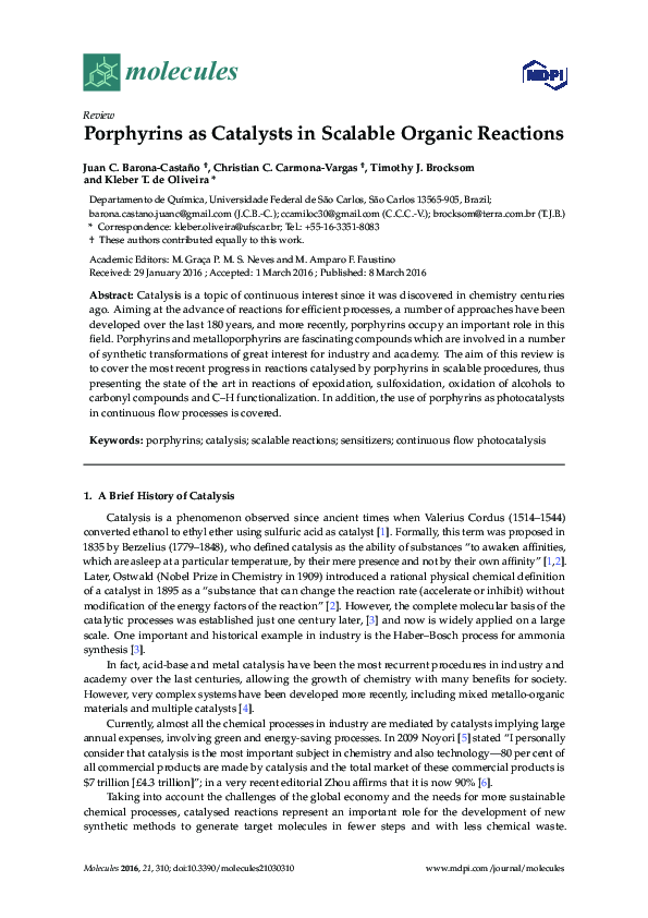 (PDF) Porphyrins as Catalysts in Scalable Organic Reactions timothy