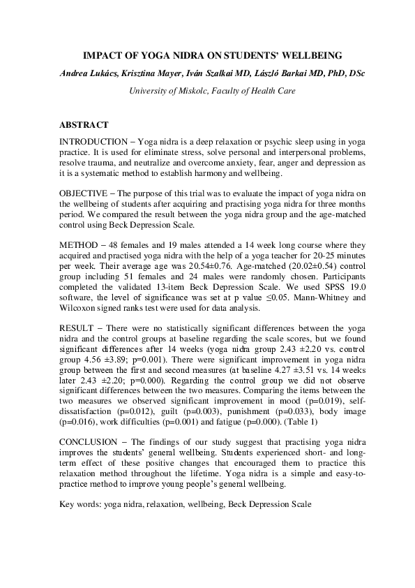 (PDF) Impact of yoga nidra on students' wellbeing