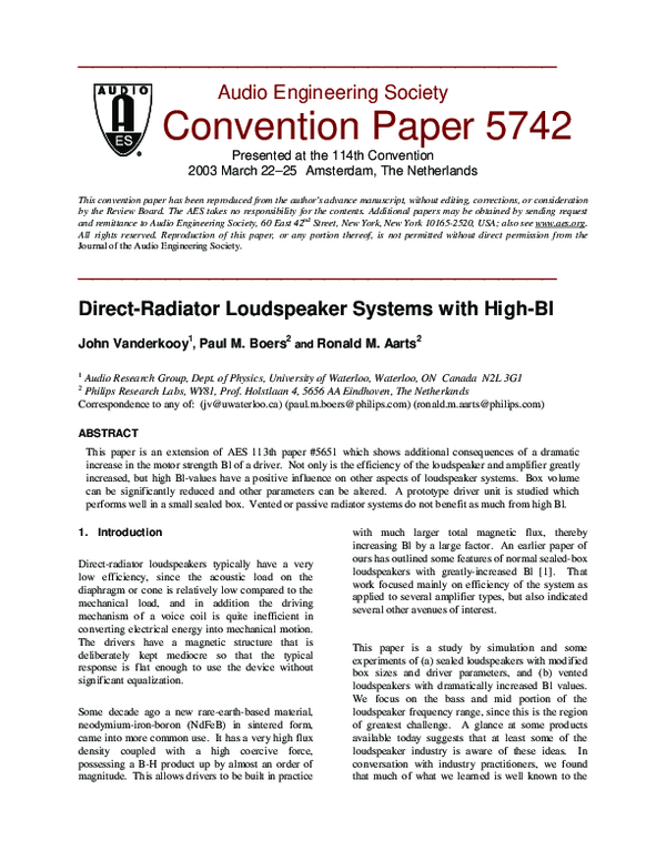 (PDF) DirectRadiator Loudspeaker Systems with High Bl Ronald Aarts Academia.edu
