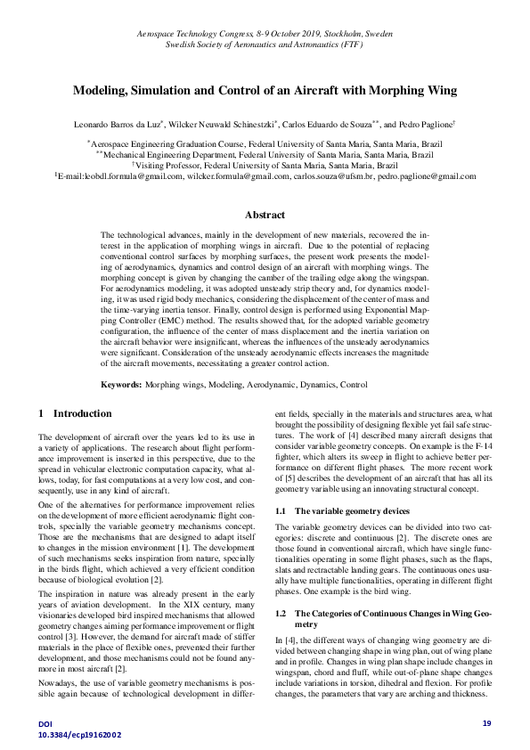 (PDF) Modeling, Simulation and Control of an Aircraft with Morphing Wing