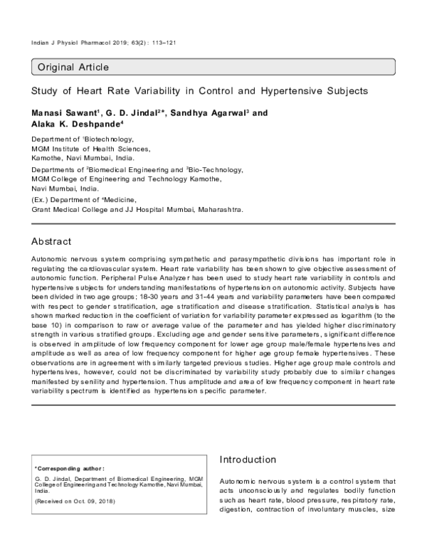 (PDF) Study of Heart Rate Variability in Control and Hypertensive Subjects