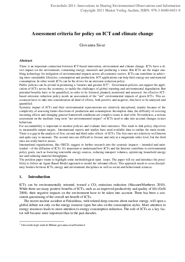 (PDF) Assessment criteria for policy on ICT and climate change