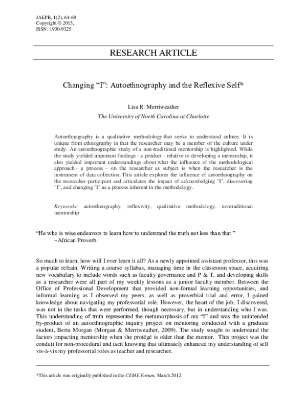 (PDF) Changing â€œIâ€: Autoethnography and the Reflexive Self