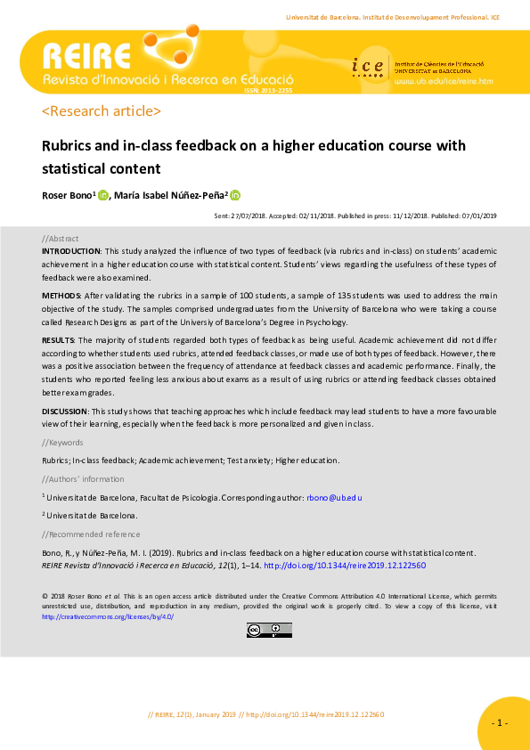 Rubrics and in-class feedback on a higher education course with statistical content