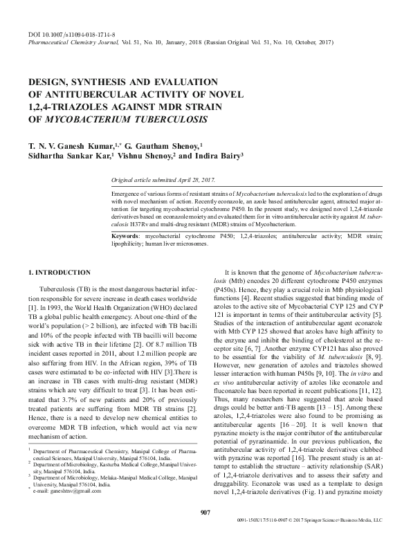 (PDF) Design, Synthesis and Evaluation of Antitubercular Activity of ...
