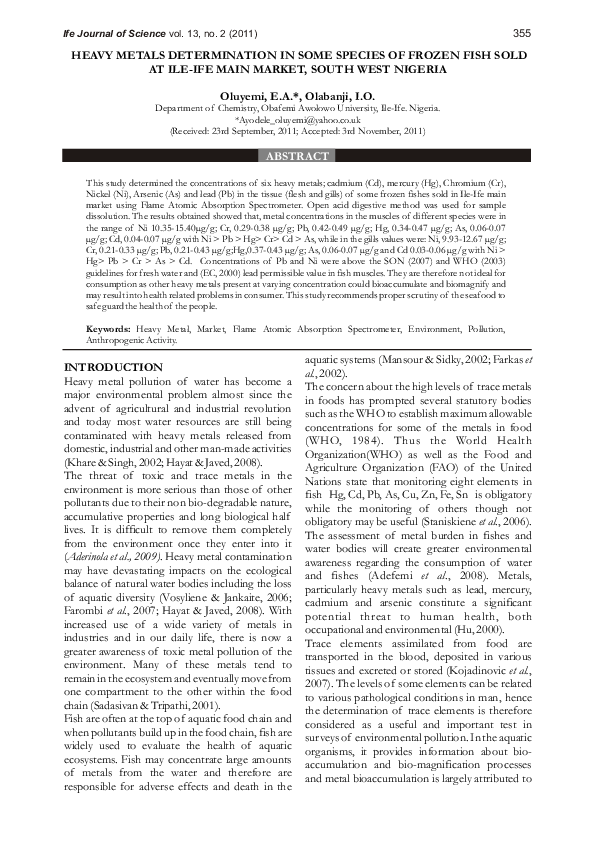 (PDF) Heavy Metals Determination in Some Species of Frozen Fish Sold at ...