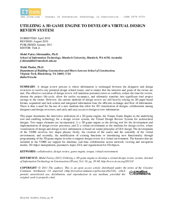 (PDF) Utilizing a 3D game engine to develop a virtual design review system