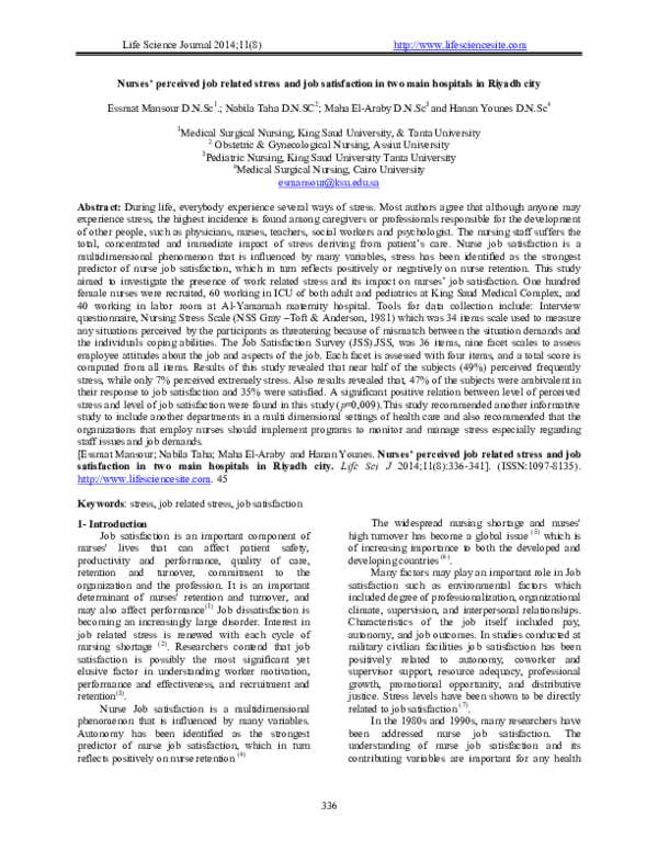 (PDF) Nurses' perceived job related stress and job satisfaction in two ...
