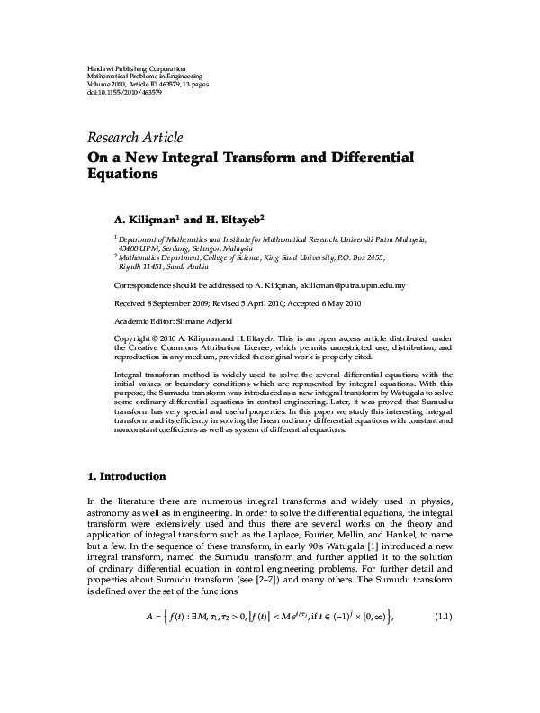 (PDF) On a new integral transform and differential equations