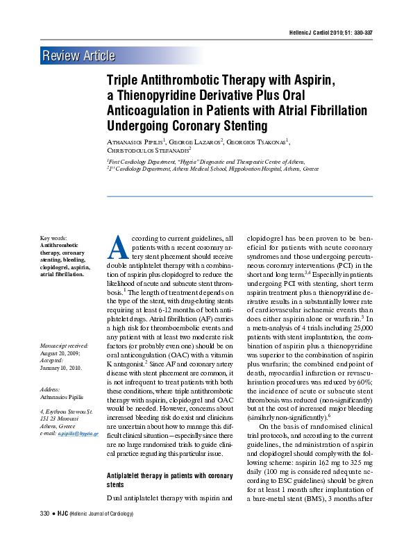 (PDF) Triple antithrombotic therapy with aspirin, a thienopyridine ...