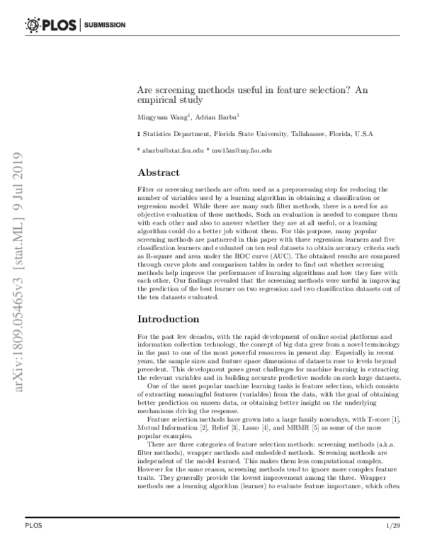 (PDF) Are screening methods useful in feature selection? An empirical study