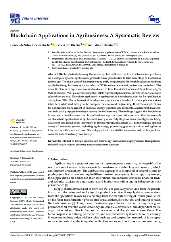 (PDF) Blockchain Applications in Agribusiness: A Systematic Review
